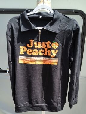 Just Peachy Small Black Pullover with Orange Graphic, Partial Zip, Cuffs, NWOT